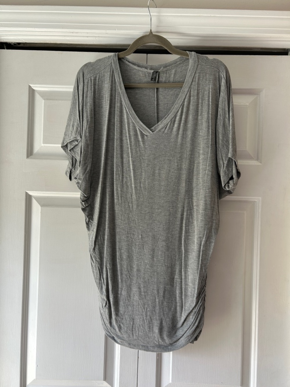 By Johnny Light Gray V-Neck Ruched Side Women's Top